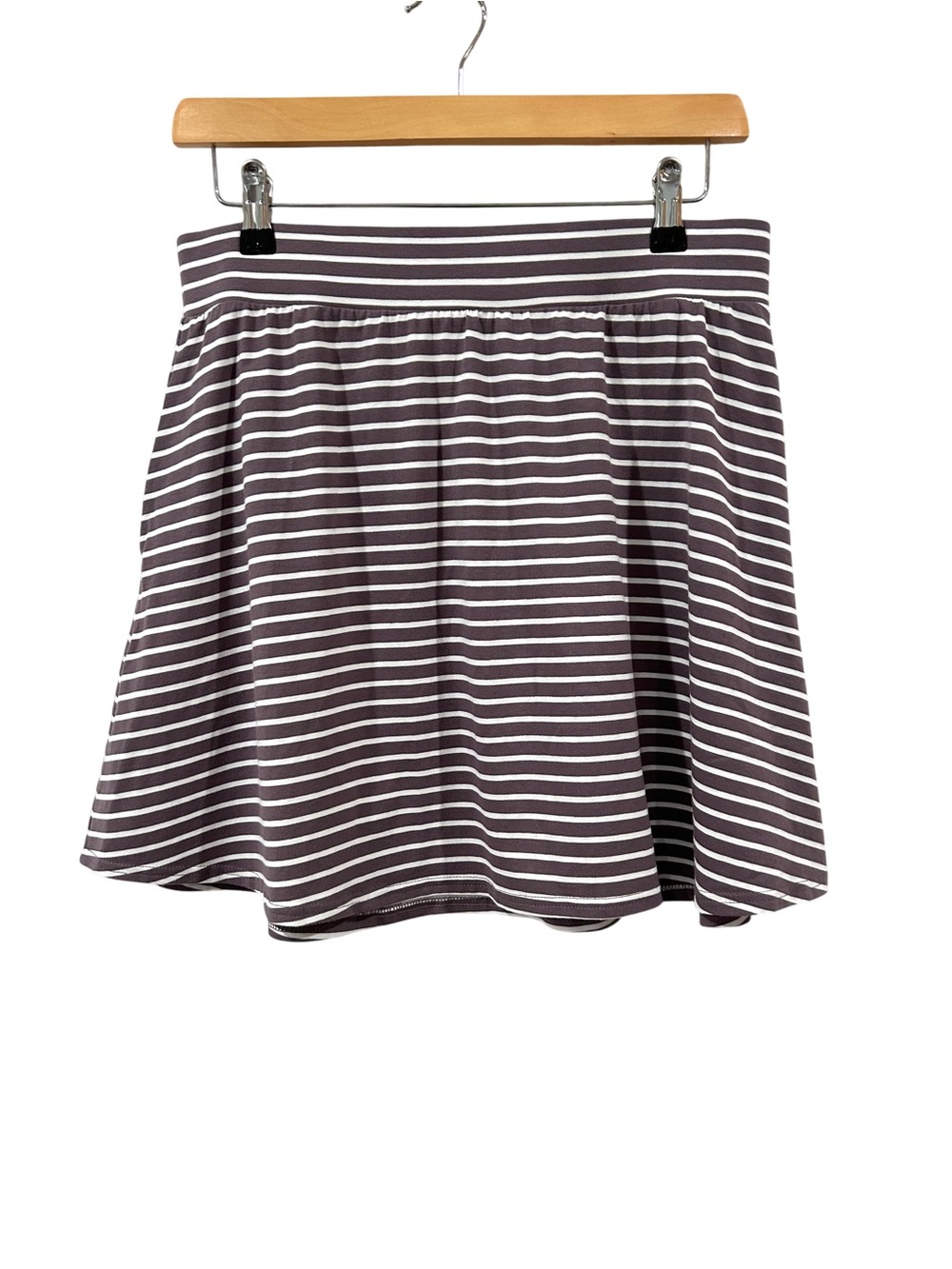 Pact fit & flare mini skirt L purple white stripe organic cotton pockets NWT